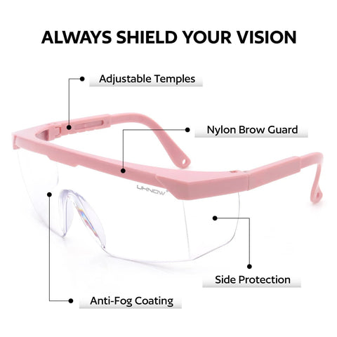 Anti Fog Safety Goggles 2 Pack With Adjustable Temples And Clear Lens ANSI Z87.1, featuring nylon brow guard and side protection.