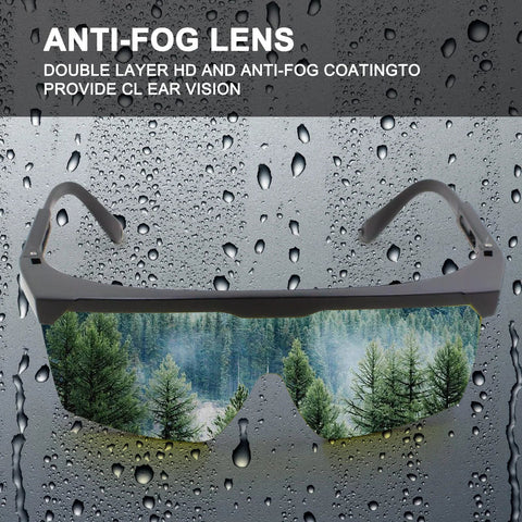 ANSI Z87.1 Anti Fog Safety Goggles with adjustable frames and polycarbonate lenses, highlighted against a water droplet background.