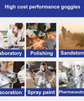 Uses for anti fog safety goggles: laboratory, polishing, sandstorm, decoration, spray paint, pharmaceutical.