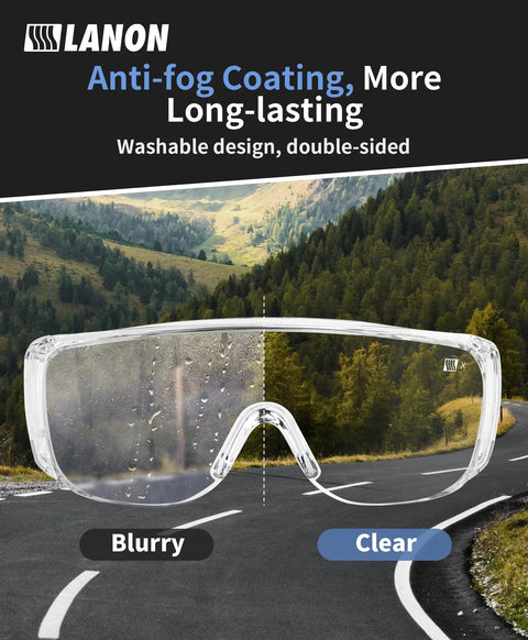 Three Pack Over Eyeglasses Safety Goggles ANSI Z87.1 Anti Fog Scratch UV Wrap showing clarity difference on nature background.