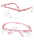 Anti Fog Safety Goggles 2 Pack With Adjustable Temples And Clear Lens ANSI Z87.1, pink frame, side and top view