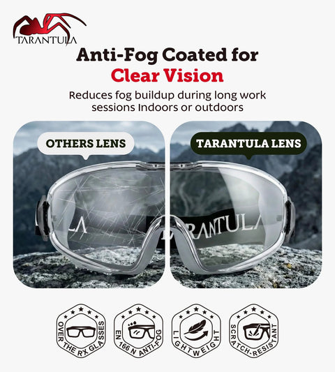 Comparison of OTG Safety Goggles Over Glasses ANSI Z87.1 Plus Anti Fog UV380 Lenses Grey showing others versus Tarantula lens clarity.