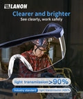 Close-up of Anti-Fog Safety Goggles With Adjustable Temples, 2.5x ANSI Z87.1, Transmission showing clear vision in workshop setting.