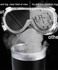 Comparison of Anti Fog Safety Goggles 6 Pack Adjustable Soft Frame Over Prescription Glasses with clear vs fogged lenses.