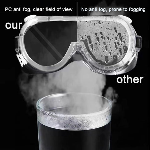 Comparison of Anti Fog Safety Goggles 6 Pack Adjustable Soft Frame Over Prescription Glasses with clear vs fogged lenses.