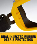 Side view of Anti Fog Safety Goggles with dual injected rubber seal showing the black strap and yellow frame.