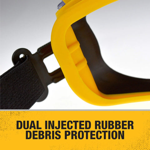 Side view of Anti Fog Safety Goggles with dual injected rubber seal showing the black strap and yellow frame.