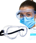 Anti Fog Safety Goggles FDA Registered Fits Over Glasses Lab Scratch Resistant on person and close-up view