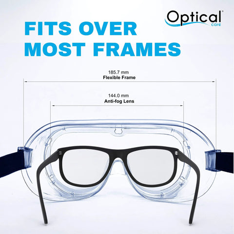 Anti Fog Safety Goggles FDA Registered Fits Over Glasses Lab Scratch Resistant with measurements and over-glasses design