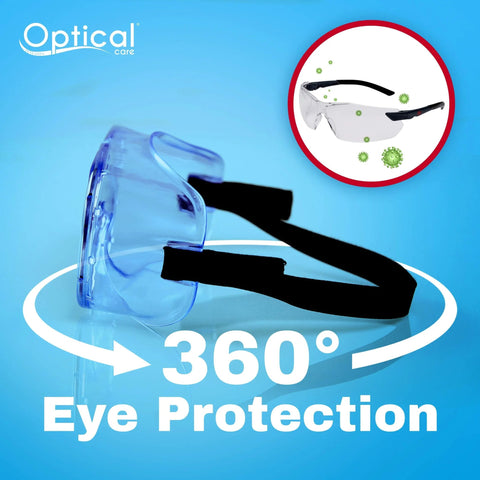 Side view of Anti Fog Safety Goggles FDA Registered Fits Over Glasses Lab Scratch Resistant, showing blue lens and black strap