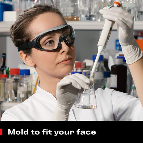 Scientist wearing Anti Fog Safety Goggles With Anti Scratch Coating And Adjustable Headband Z87.1 in a laboratory setting