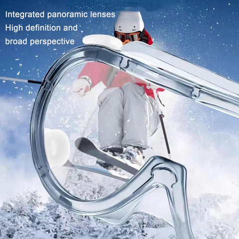Clear Anti Fog Safety Goggles 6 Pack Adjustable Soft Frame Over Prescription Glasses with skier in the background