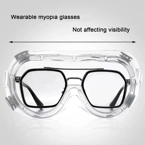 Front view of Anti Fog Safety Goggles 6 Pack Adjustable Soft Frame Over Prescription Glasses with clear lenses