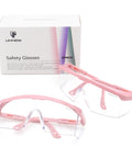 Anti Fog Safety Goggles 2 Pack With Adjustable Temples And Clear Lens ANSI Z87.1 in pink, with box in background