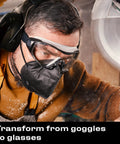 Man wearing Anti Fog Safety Goggles with Anti Scratch Coating and Adjustable Headband Z87.1 in a woodworking shop