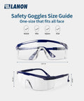 Anti-Fog Safety Goggles With Adjustable Temples, 2.5x ANSI Z87.1, Transmission size guide showing front and side views.