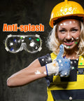 Worker wearing hard hat and smiling, showcasing Anti-Fog Indirectly Vented Lab Goggles Over Glasses Wide Vision Splash-Proof.