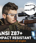 Anti-Fog Safety Glasses With UV Protection And Adjustable Arms ANSI Z87.1 worn during shooting for impact resistance.