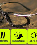 Foam Lined Debris Blocking Safety Glasses With Anti Fog UV Protection ANSI Z87.1 resting on a wood surface, highlighting features.