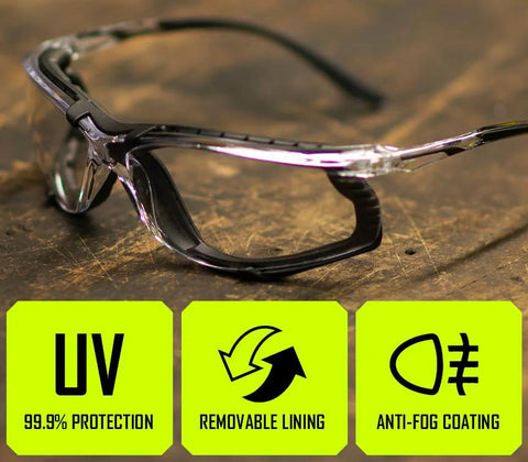 Foam Lined Debris Blocking Safety Glasses With Anti Fog UV Protection ANSI Z87.1 resting on a wood surface, highlighting features.
