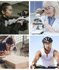 Various people wearing Anti-Fog Safety Glasses With UV Protection And Adjustable Arms ANSI Z87.1 in different work environments.