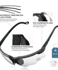 Diagram of Anti Fog Hunting Glasses With Case For Adults UV400 Wraparound Safety Glasses, highlighting features like polycarbonate lens and rubberized nosepiece.
