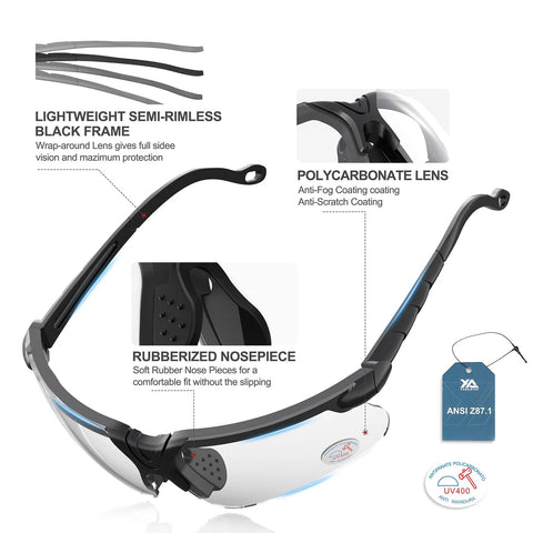 Diagram of Anti Fog Hunting Glasses With Case For Adults UV400 Wraparound Safety Glasses, highlighting features like polycarbonate lens and rubberized nosepiece.