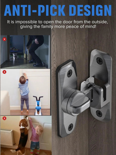 Anti-pick design 90 And 180 Degree Flip Barn Door Lock 2 In 1 Privacy Security Sliding Latch shown with secure installation.