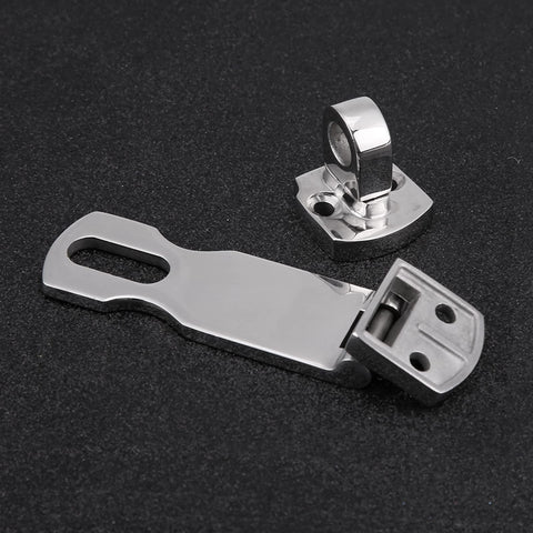 Two-piece stainless steel boat latch set with curved pull lever and mounting base, marine hatch fastener