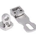 Front view of polished stainless steel boat hatch latch with mounting plate and keeper
