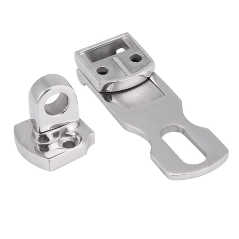 Front view of polished stainless steel boat hatch latch with mounting plate and keeper