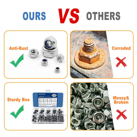 Comparison of anti-rust nylon insert lock nuts set in tray vs corroded nuts. Product: Nylon Insert Lock Nuts Set 145 Piece Metric M3 To M12 in 304 Stainless Steel A2 70 for DIY and Industrial Use Hex Nut Kit with Tray.