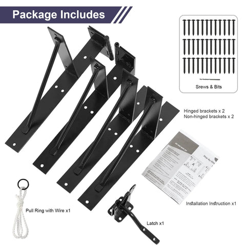 Anti Sag Gate Kit Heavy Duty No Sag Kit For Wooden Gate Fence with brackets, screws, latch, wire, and instructions displayed on white background.