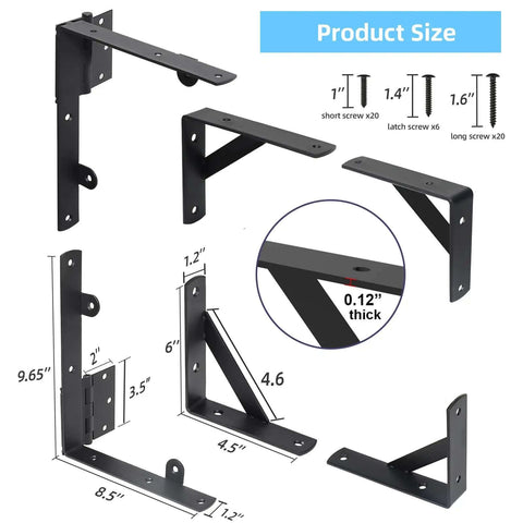 Heavy Duty Anti Sag Gate Kit With Latch For Wooden Fence Gates, showing corner brace brackets, dimensions, and rust resistant steel hardware.