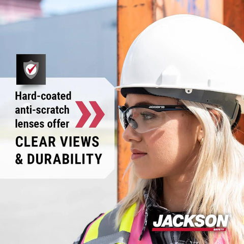 Person wearing SG Safety Glasses Anti Scratch Lenses With Flexible Frames ANSI Z87.1 Pack Of 3, close-up side view outdoors
