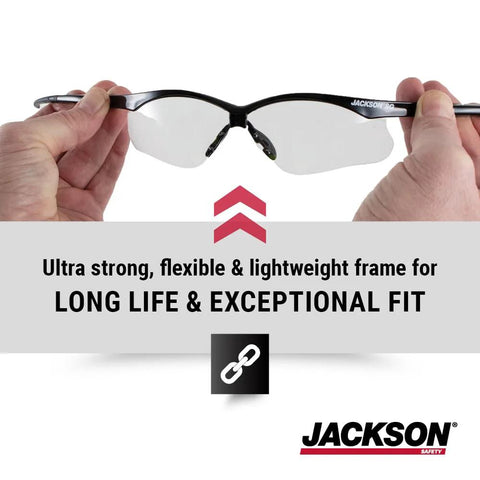 Hands holding a pair of SG Safety Glasses Anti Scratch Lenses With Flexible Frames ANSI Z87.1 Pack Of 3