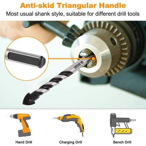 Close-up of carbide masonry drill bit in chuck, showcasing anti-skid triangular handle, part of Carbide Masonry Drill Bit Set 1/8 to 1/2 Inch For Concrete Tile Brick Cement - 10 Pack.