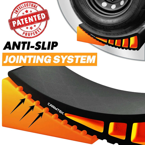 Close-up of Camper Leveler 2 Pack Kit With Curved RV Levelers And Trailer Wheel Chocks For Dual Axle Trailers showing anti-slip design.
