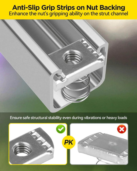 Heavy-duty 3/8 x 15/16 inch spring channel nut and bolt set for 1-5/8 inch strut channel shown in anti-slip installation view