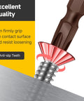 Self-tapping 410 stainless steel screw in action demonstrating anti-slip teeth and firm grip on metal surface.