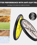 20 Inch Flat Free Tire and Wheel Set of 2 with solid polyurethane airless design featuring centered hub dual 5/8 and 3/4 inch bearings spacer kit and grey finish for Rubbermaid wheelbarrows lawn carts and big wheel utility carts showing performance on various surfaces.