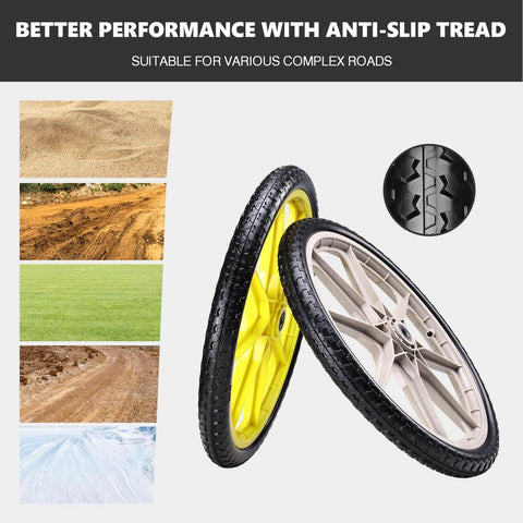 20 Inch Flat Free Tire and Wheel Set of 2 with solid polyurethane airless design featuring centered hub dual 5/8 and 3/4 inch bearings spacer kit and grey finish for Rubbermaid wheelbarrows lawn carts and big wheel utility carts showing performance on various surfaces.