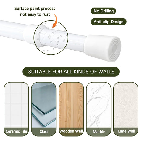 Adjustable Sliding Door Lock Bar With Rubber Tips For Enhanced Window And Sliding Glass Door Security, Fits 16 To 28 Inches, 1.2 Inch Diameter, Sturdy Stopper Improves Home Safety And Child Protection showing compatibility with various wall types.