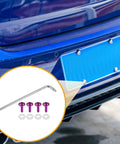Car with blue license plate featuring Partuto 1set 1/4" M6 Universal Anti Theft License Plate Screws and silicone washers in purple titanium alloy.