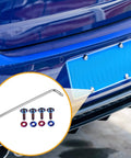 Blue car with license plate installed using ✝️ Partuto 1 Set 1/4" M6 Universal Anti Theft License Plate Screws - Titanium Alloy Deep Blue