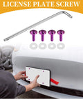 ✝️ Partuto 1set 1/4" M6 Universal Anti Theft License Plate Screws - Titanium Alloy Purple, shown with installation on car.