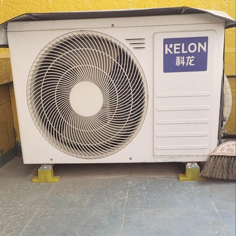 Air conditioner unit mounted on upgraded anti vibration base pad, designed for shock absorption and noise reduction with beef tendon material.