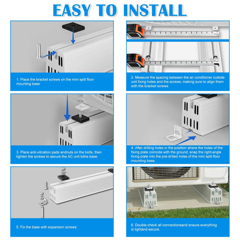 Installation instructions for anti vibration mini split mounting base for 12000BTU to 24000BTU condensers and HVAC systems.