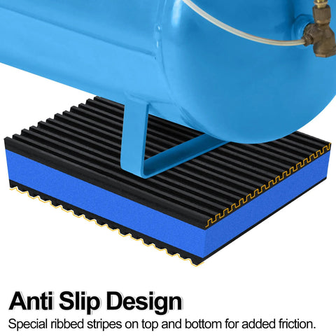 Anti slip design of 4 Pack Anti Vibration Pads for Home Appliances shown with ribbed rubber base and EVA center under a blue appliance