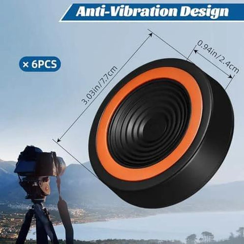 Six Pack 2.95 Inch Anti Vibration Pads For Telescope Mount And Camera Tripod shown with size dimensions and camera setup